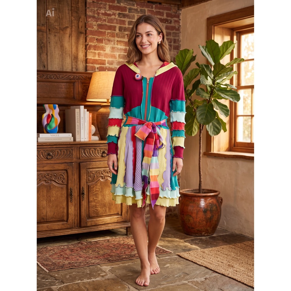 Screamin Peacock Studio Upcycled Patchwork Sweater Dress Coat Hood Rainbow Boho